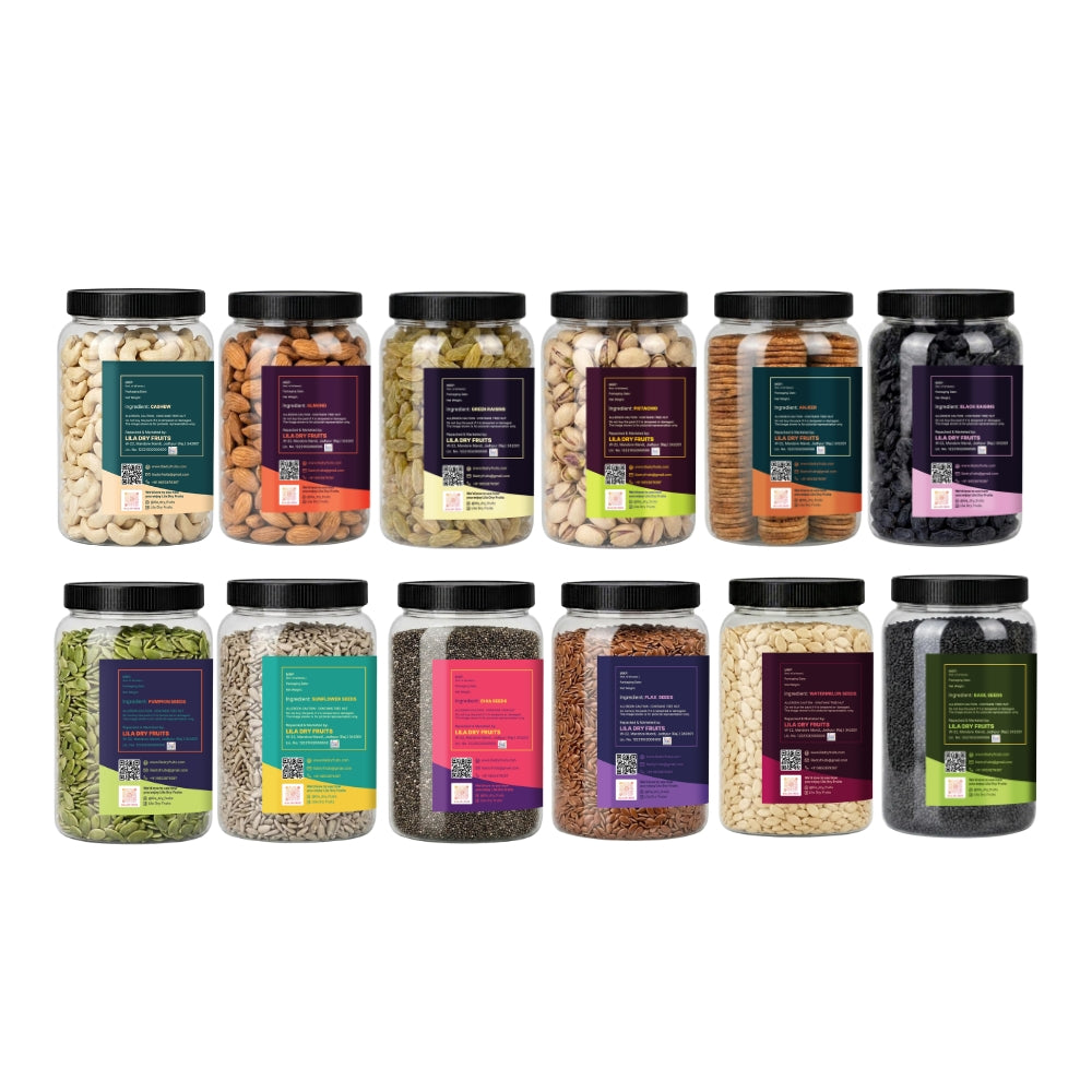 12-in-1 Dry Fruits & Seeds Combo | Cashew, Almonds, Raisins, Pistachios, Anjeer, Black Raisins, Pumpkin Seeds, Sunflower Seeds, Chia Seeds, Flax Seeds, Watermelon Seeds & Basil (Sabja) Seeds | 100g Each Pack
