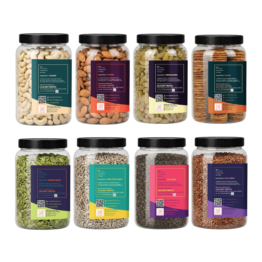 4 Dry Fruits & 4 Seeds Combo Pack | Cashews, Almonds, Raisins, Anjeer + Pumpkin, Sunflower, Chia & Flax Seeds | 100g Each