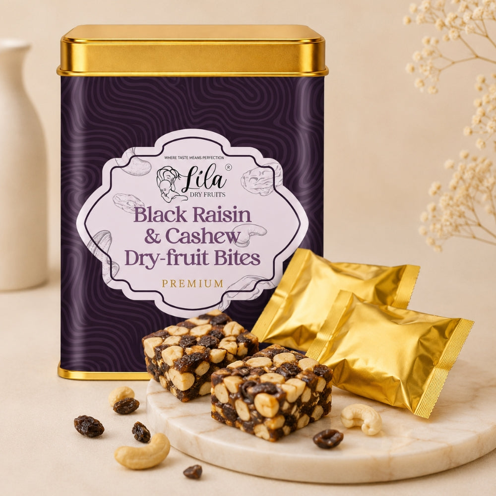 LILA DRY FRUITS Dry Fruit Bites 200 g (10 Pieces) Dates Barfi with Black Raisins & Cashew | Date Mithai Healthy Sweet Snack with Desi Ghee