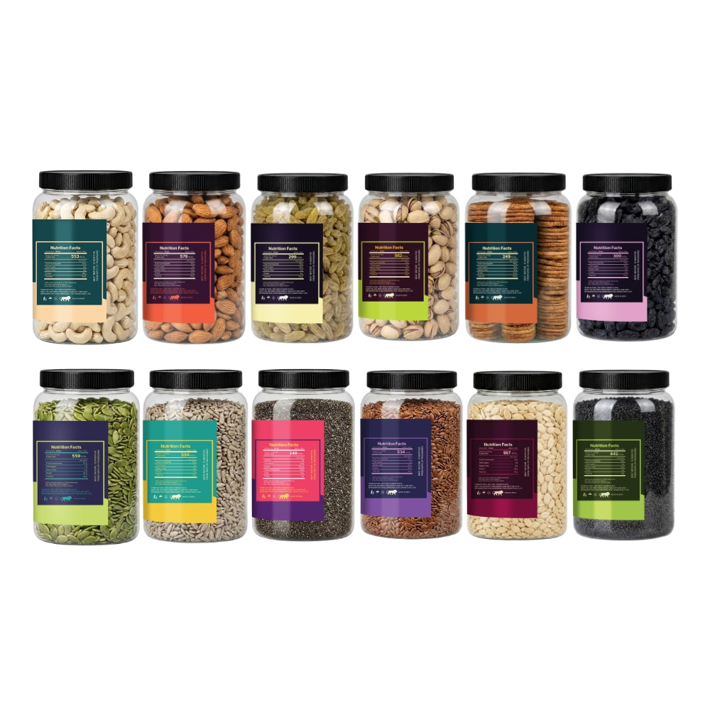 12-in-1 Dry Fruits & Seeds Combo | Cashew, Almonds, Raisins, Pistachios, Anjeer, Black Raisins, Pumpkin Seeds, Sunflower Seeds, Chia Seeds, Flax Seeds, Watermelon Seeds & Basil (Sabja) Seeds | 100g Each Pack