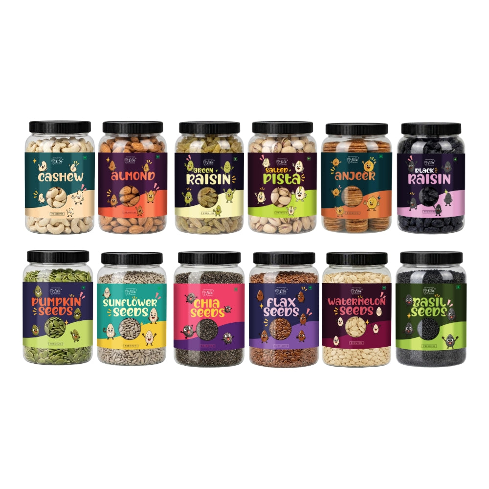 12-in-1 Dry Fruits & Seeds Combo | Cashew, Almonds, Raisins, Pistachios, Anjeer, Black Raisins, Pumpkin Seeds, Sunflower Seeds, Chia Seeds, Flax Seeds, Watermelon Seeds & Basil (Sabja) Seeds | 100g Each Pack