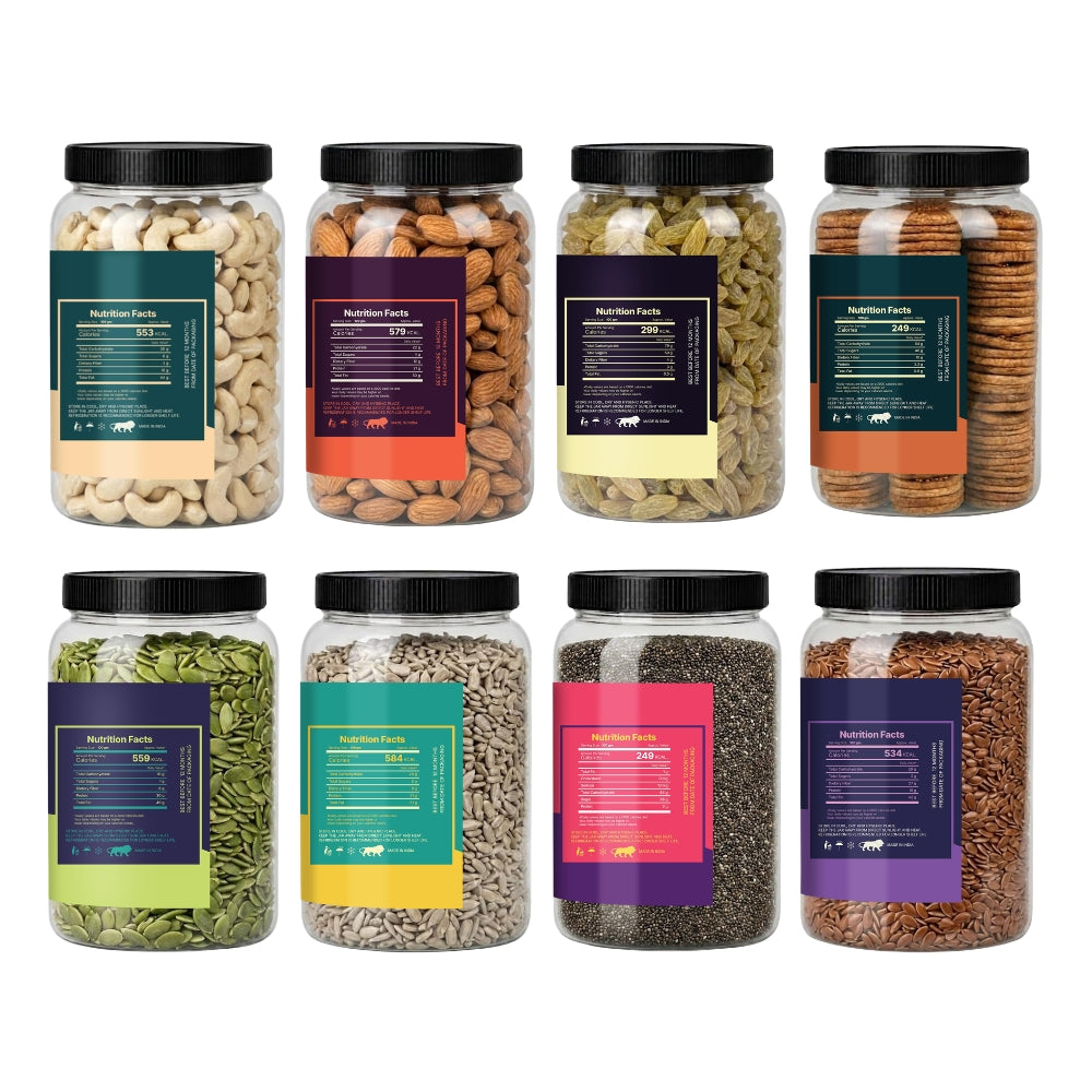 4 Dry Fruits & 4 Seeds Combo Pack | Cashews, Almonds, Raisins, Anjeer + Pumpkin, Sunflower, Chia & Flax Seeds | 100g Each