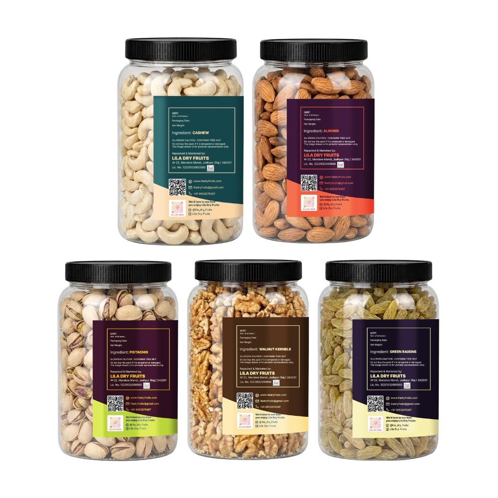 Premium 5 Dry Fruits Combo Pack (200g Each) | Cashews, Almonds, Pista, Walnuts & Raisins