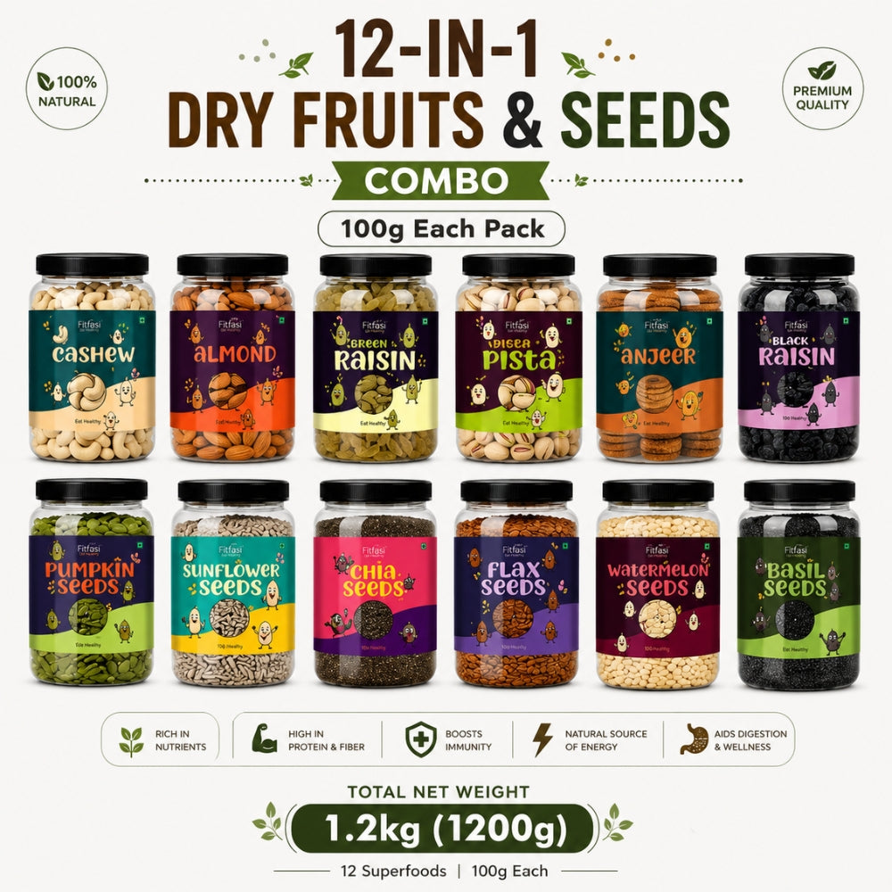 12-in-1 Dry Fruits & Seeds Combo | Cashew, Almonds, Raisins, Pistachios, Anjeer, Black Raisins, Pumpkin Seeds, Sunflower Seeds, Chia Seeds, Flax Seeds, Watermelon Seeds & Basil (Sabja) Seeds | 100g Each Pack