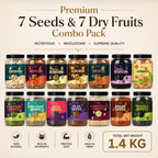 7 Seeds & 7 Dry Fruits Combo Pack (100g Each) – Cashew, Almonds, Raisins, Walnut, Anjeer, Black Raisins, Apricots, Pumpkin Seeds, Sunflower Seeds, Chia Seeds, Flax Seeds, Watermelon Seeds, Basil Seeds & Halim Seeds