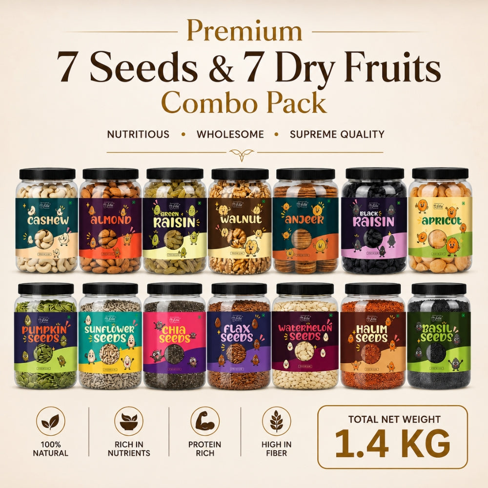 7 Seeds & 7 Dry Fruits Combo Pack (100g Each) – Cashew, Almonds, Raisins, Walnut, Anjeer, Black Raisins, Apricots, Pumpkin Seeds, Sunflower Seeds, Chia Seeds, Flax Seeds, Watermelon Seeds, Basil Seeds & Halim Seeds