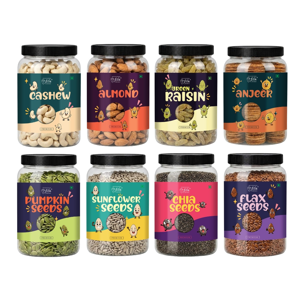 4 Dry Fruits & 4 Seeds Combo Pack | Cashews, Almonds, Raisins, Anjeer + Pumpkin, Sunflower, Chia & Flax Seeds | 100g Each