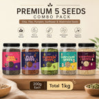 Premium 5 Seeds Combo Pack – Chia, Flax, Pumpkin, Sunflower & Watermelon Seeds (200g Each) | Total 1kg