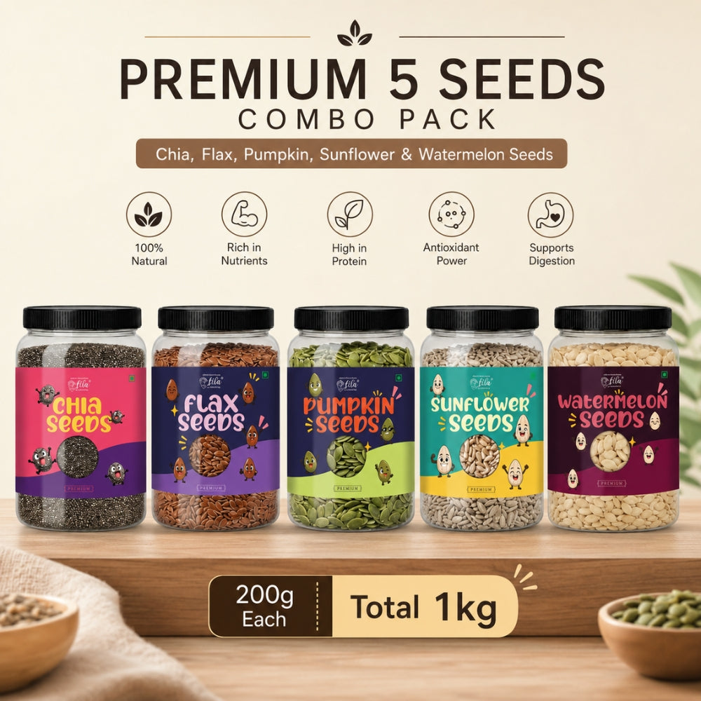 Premium 5 Seeds Combo Pack – Chia, Flax, Pumpkin, Sunflower & Watermelon Seeds (200g Each) | Total 1kg