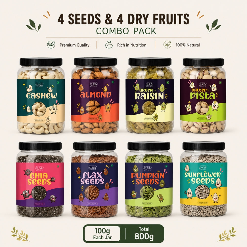 4 Seeds & 4 Dry Fruits Combo Pack | 100g Each | Cashews, Almonds, Raisins, Pistachios, Pumpkin, Sunflower, Chia & Flax Seeds