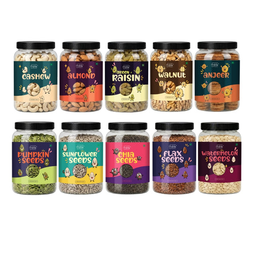 5 Seeds & 5 Dry Fruits Combo Pack – 100g Each | Cashew, Almond, Raisins, Walnut, Anjeer, Pumpkin, Sunflower, Chia, Flax & Watermelon Seeds | Healthy Superfood Mix