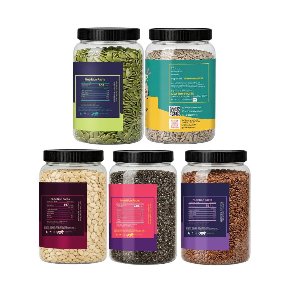 Premium 5 Seeds Combo Pack – Chia, Flax, Pumpkin, Sunflower & Watermelon Seeds (200g Each) | Total 1kg