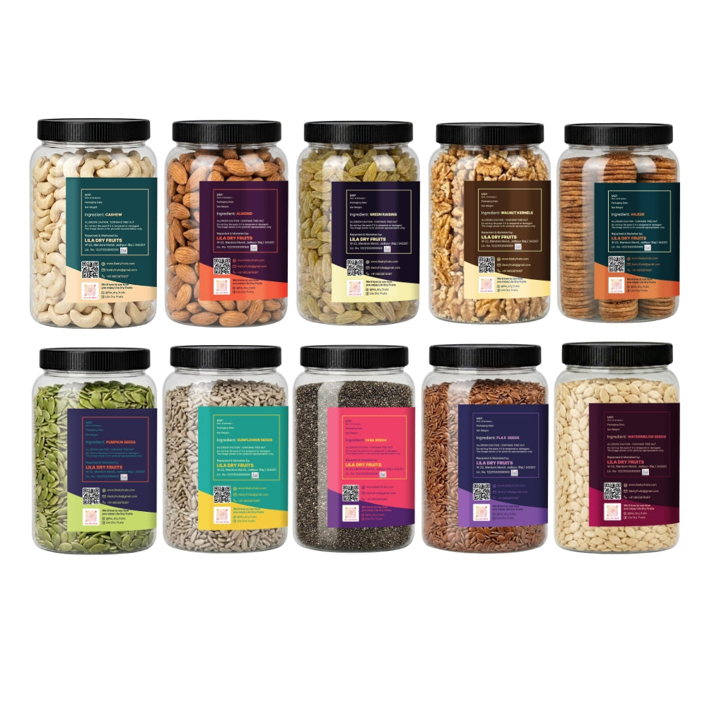 5 Seeds & 5 Dry Fruits Combo Pack – 100g Each | Cashew, Almond, Raisins, Walnut, Anjeer, Pumpkin, Sunflower, Chia, Flax & Watermelon Seeds | Healthy Superfood Mix