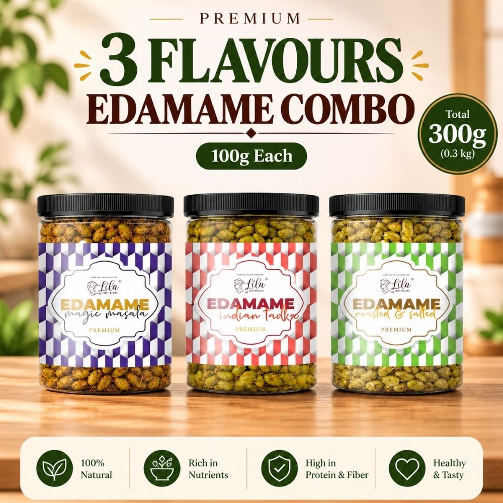 Lila Dry Fruits Premium Edamame 3 Flavours Combo – Magic Masala, Indian Tadka & Roasted & Salted (Pack of 3, 100g Each)
