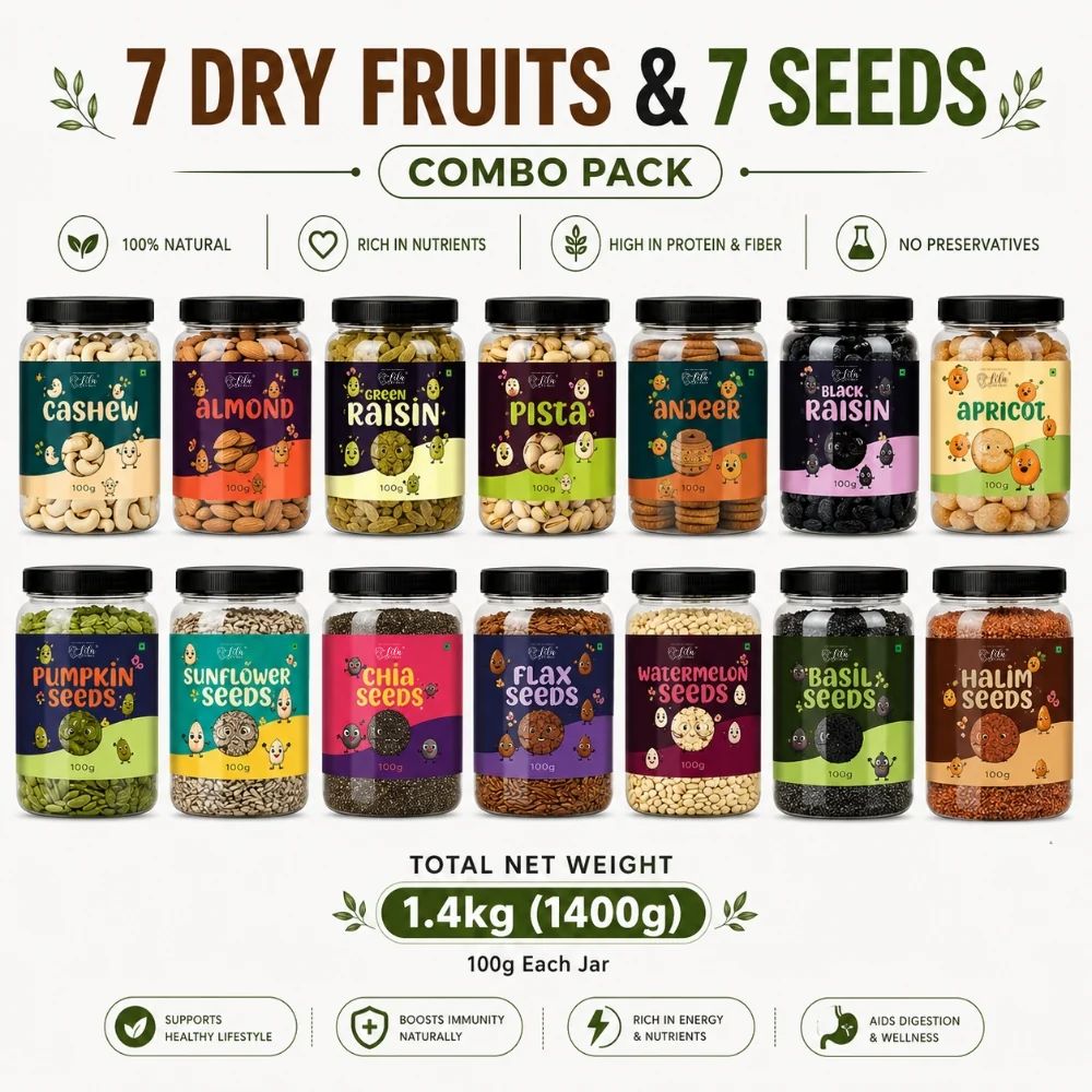 7 Dry Fruits & 7 Seeds Combo | Cashew, Almonds, Raisins, Pista, Anjeer, Black Raisins, Apricots, Pumpkin, Sunflower, Chia, Flax, Watermelon, Basil & Halim Seeds