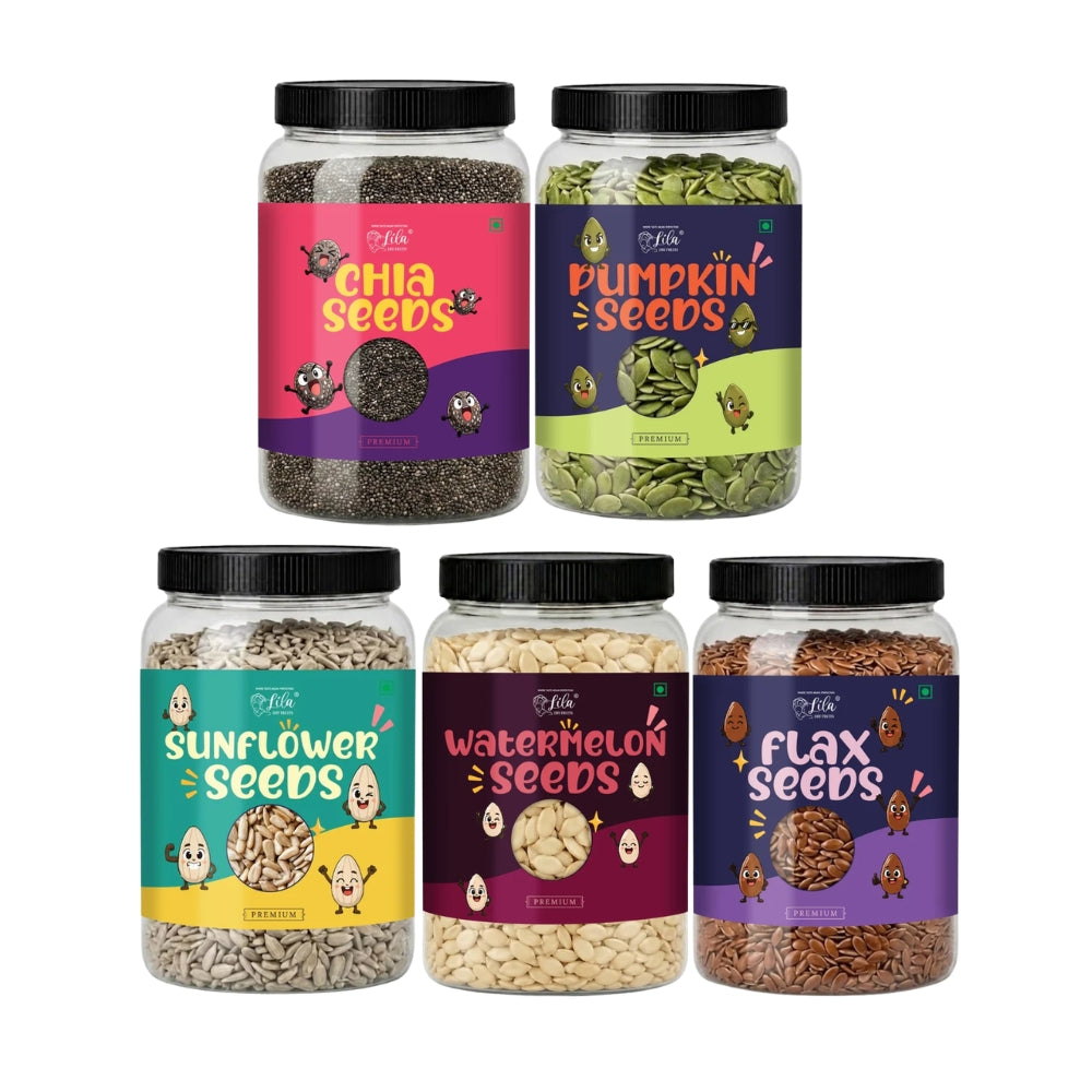 Premium 5 Seeds Combo Pack – Chia, Flax, Pumpkin, Sunflower & Watermelon Seeds (200g Each) | Total 1kg