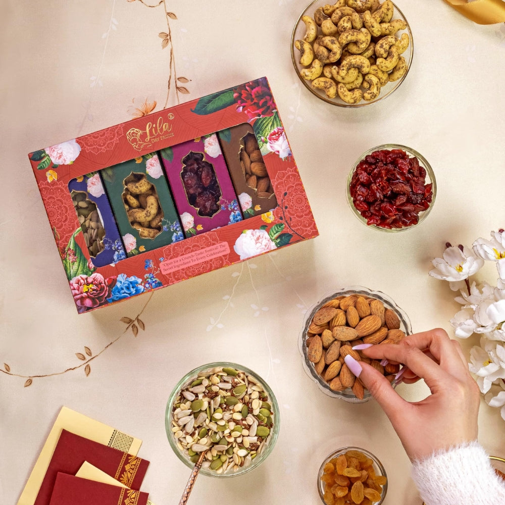 LILA DRY FRUITS Gift Hamper Roasted Cashew Almonds Seeds Mix Chatpata Cranberry | Combo Pack Premium Festive Gift with Beautiful Slider Box Perfect For Gifting