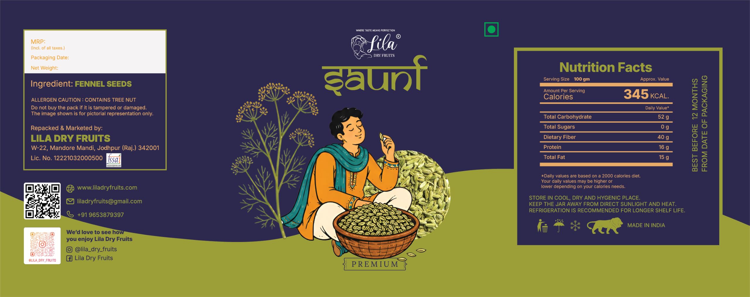 LILA DRY FRUITS Fennel Seeds Saunf for Mouth Freshener, Cooking, Seasoning & Traditional Recipes Aromatic Kitchen Spice Masale for Everyday Use