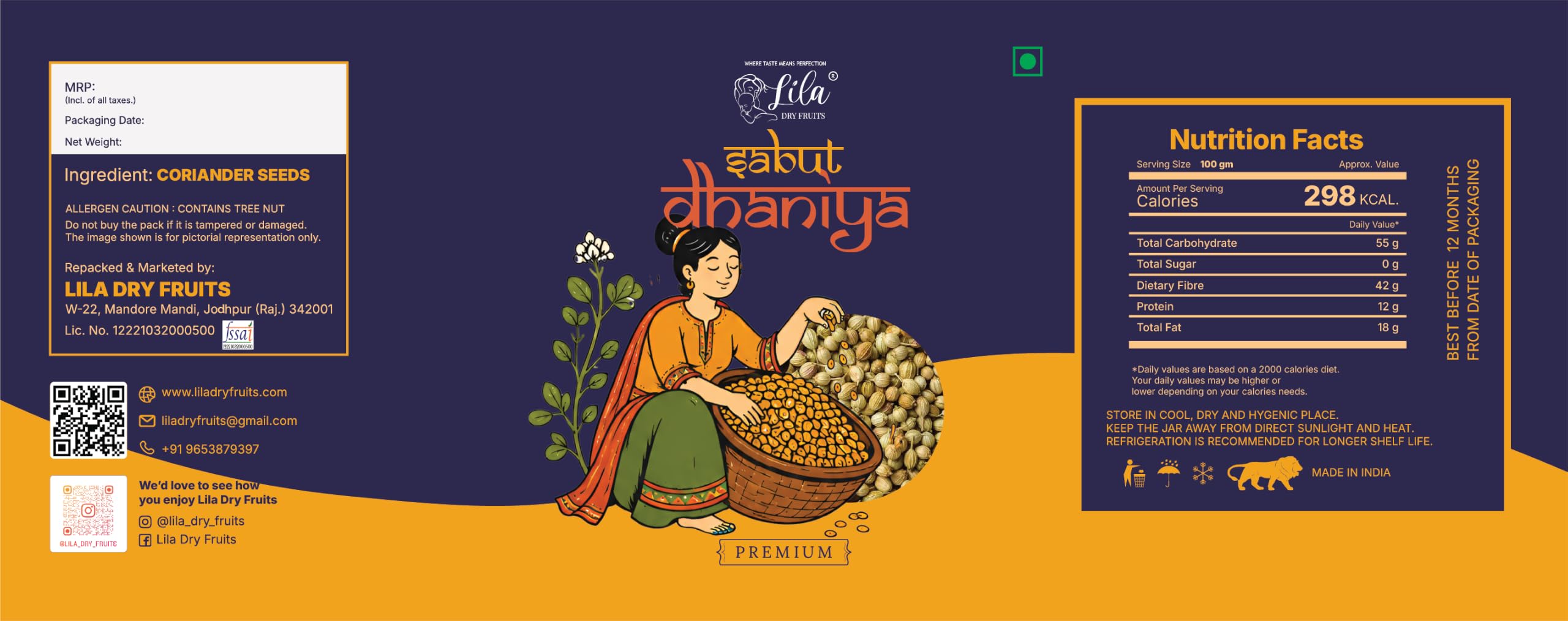 LILA DRY FRUITS Coriander Seeds Whole Dhania Seed for Cooking, Seasoning, Grinding Aromatic Kitchen Spice Masale for Everyday Use