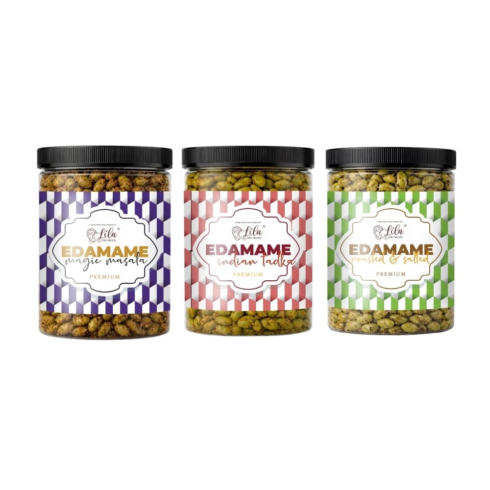 Lila Dry Fruits Premium Edamame 3 Flavours Combo – Magic Masala, Indian Tadka & Roasted & Salted (Pack of 3, 100g Each)