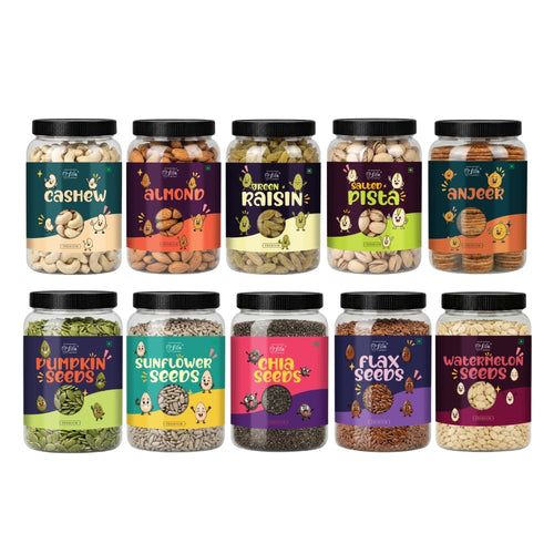 5 Seeds & 5 Dry Fruits Combo Pack | 100g Each | Cashews, Almonds, Raisins, Pistachios, Anjeer, Pumpkin, Sunflower, Chia, Flax & Watermelon Seeds | Healthy Snack Mix