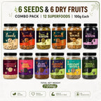 6 Seeds & 6 Dry Fruits Combo Pack | 12 Superfoods | 100g Each | Almonds, Cashews, Walnuts, Raisins, Anjeer & Black Raisins Healthy Seeds & more