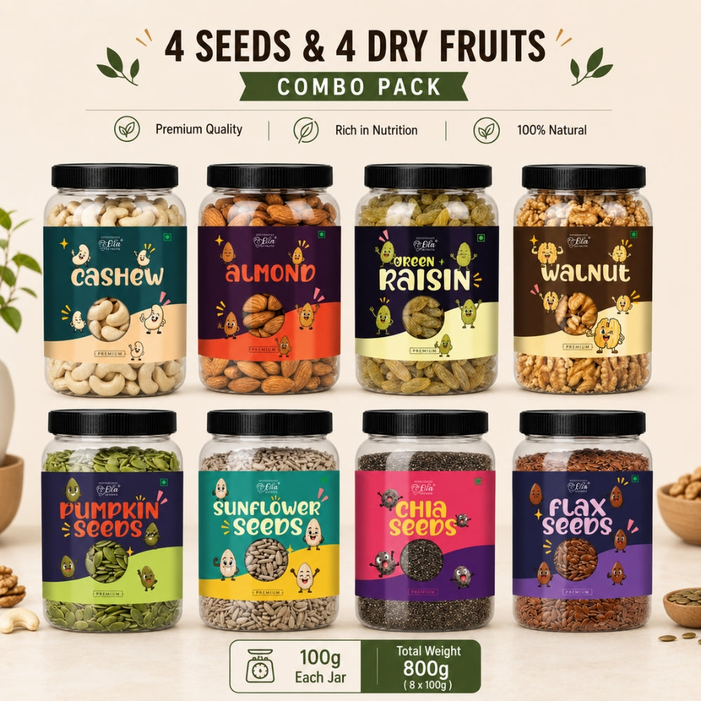 4 Seeds & 4 Dry Fruits Combo Pack (100g Each) | Cashew, Almond, Raisins, Walnut, Pumpkin, Sunflower, Chia & Flax Seeds