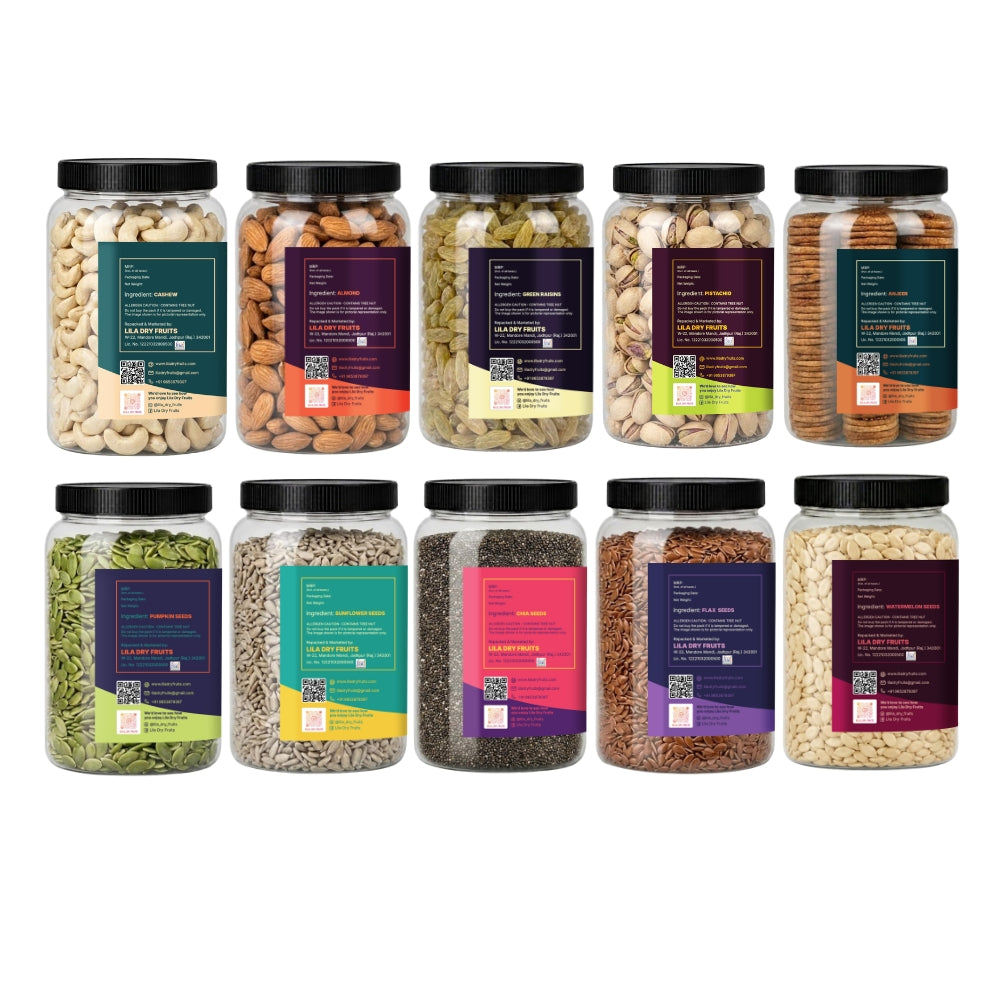 5 Seeds & 5 Dry Fruits Combo Pack | 100g Each | Cashews, Almonds, Raisins, Pistachios, Anjeer, Pumpkin, Sunflower, Chia, Flax & Watermelon Seeds | Healthy Snack Mix