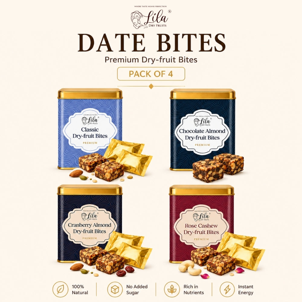 Lila Dry Fruits Date Bites Classic, Chocolate Almond, Cranberry Almond & Rose Cashew (Pack of 4)