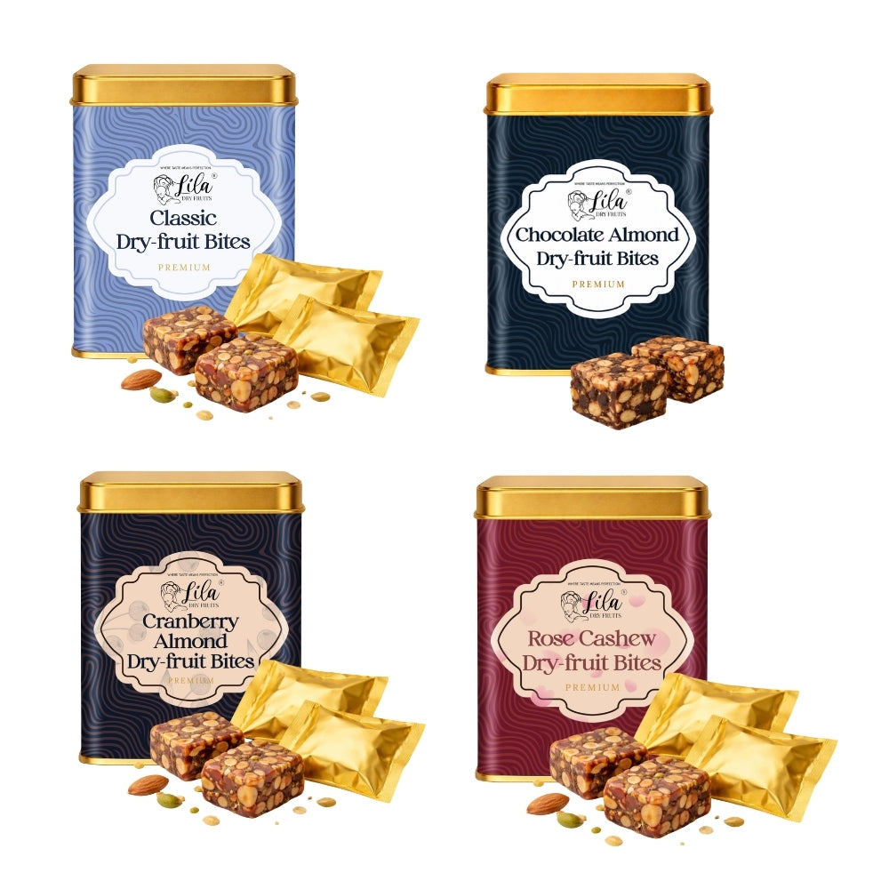 Lila Dry Fruits Date Bites Classic, Chocolate Almond, Cranberry Almond & Rose Cashew (Pack of 4)