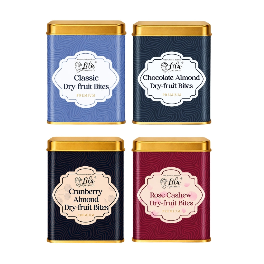 Lila Dry Fruits Date Bites Classic, Chocolate Almond, Cranberry Almond & Rose Cashew (Pack of 4)