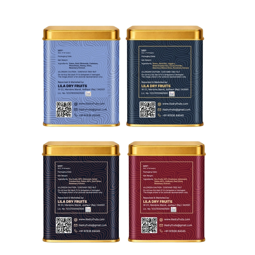Lila Dry Fruits Date Bites Classic, Chocolate Almond, Cranberry Almond & Rose Cashew (Pack of 4)