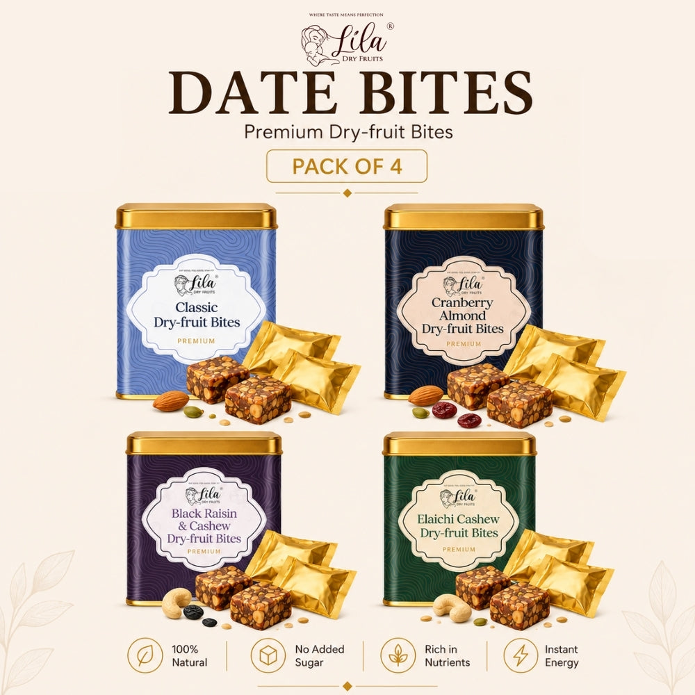 Lila Dry Fruits Date Bites Classic, Cranberry Almond, Black Raisin Cashew & Elaichi Cashew (Pack of 4)