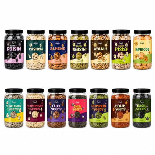 7 Seeds & 7 Dry Fruits Mix | Cashew, Almonds, Raisins, Pista, Walnut, Black Raisins, Apricots with Pumpkin, Sunflower, Chia, Flax, Watermelon, Basil & Halim Seeds | Premium Healthy Combo