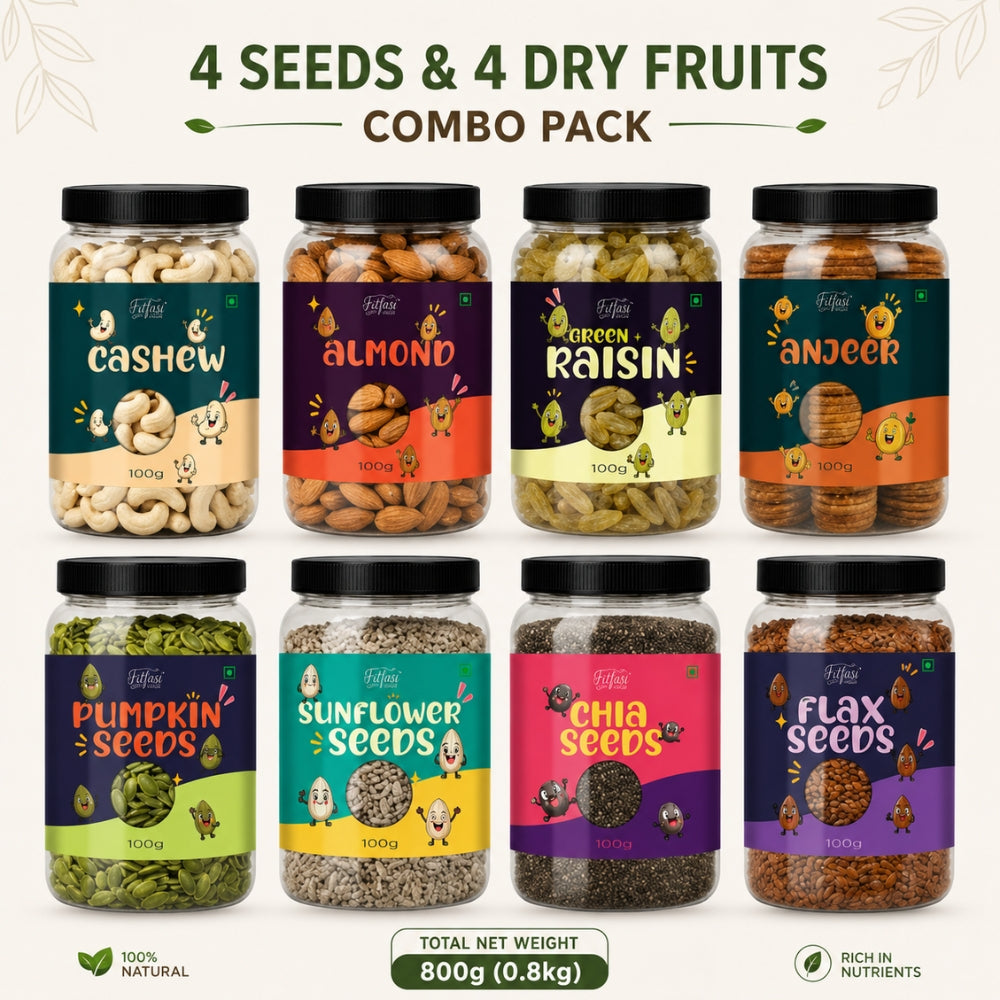4 Dry Fruits & 4 Seeds Combo Pack | Cashews, Almonds, Raisins, Anjeer + Pumpkin, Sunflower, Chia & Flax Seeds | 100g Each