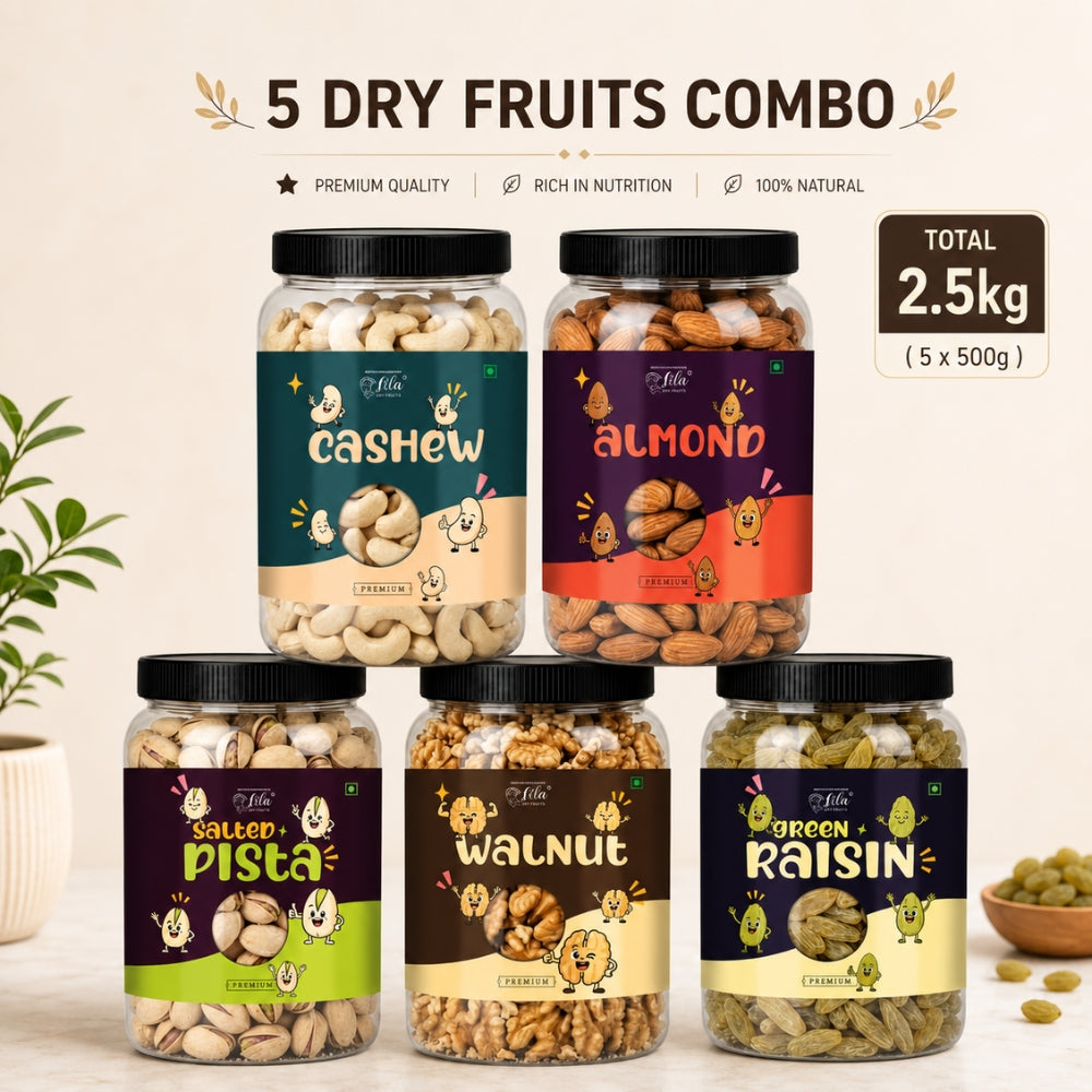 Premium 5 Dry Fruits Combo Pack (200g Each) | Cashews, Almonds, Pista, Walnuts & Raisins