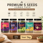 Premium 5 Seeds Combo Pack – Chia, Flax, Pumpkin, Sunflower & Watermelon Seeds (200g Each) | Total 1kg