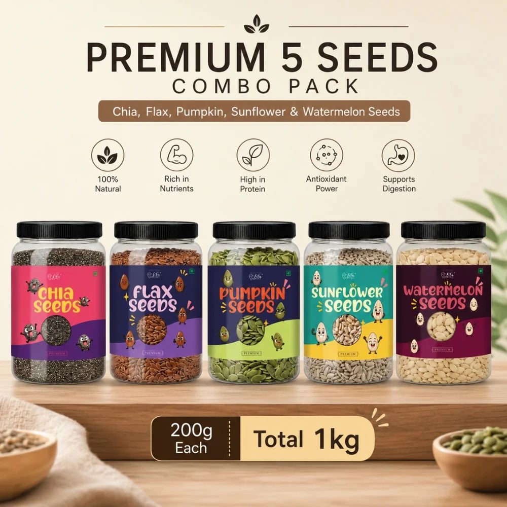 Premium 5 Seeds Combo Pack – Chia, Flax, Pumpkin, Sunflower & Watermelon Seeds (200g Each) | Total 1kg