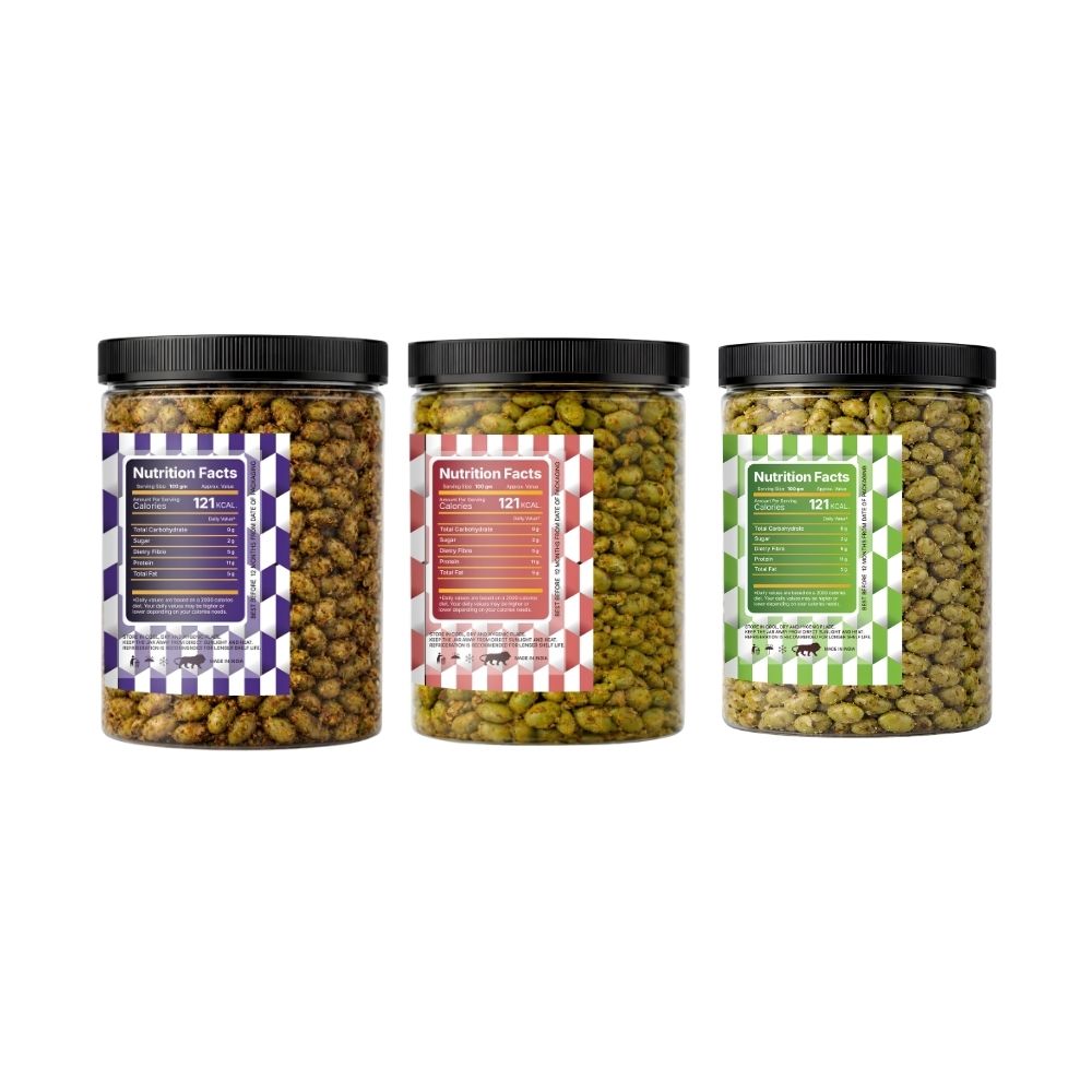 Lila Dry Fruits Premium Edamame 3 Flavours Combo – Magic Masala, Indian Tadka & Roasted & Salted (Pack of 3, 100g Each)
