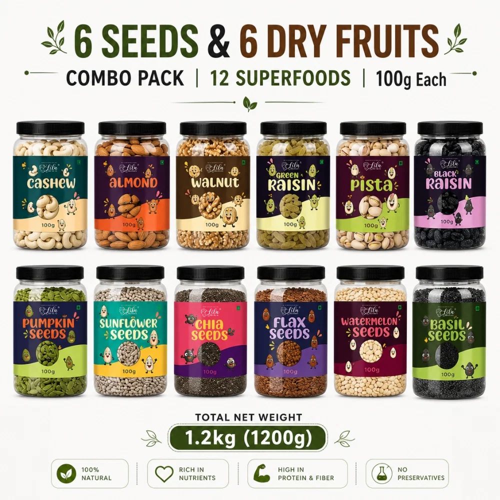 6 Premium Dry Fruits & 6 Healthy Seeds Combo Pack (100g Each) | Cashews, Almonds, Walnuts, Raisins, Pistachios, & More