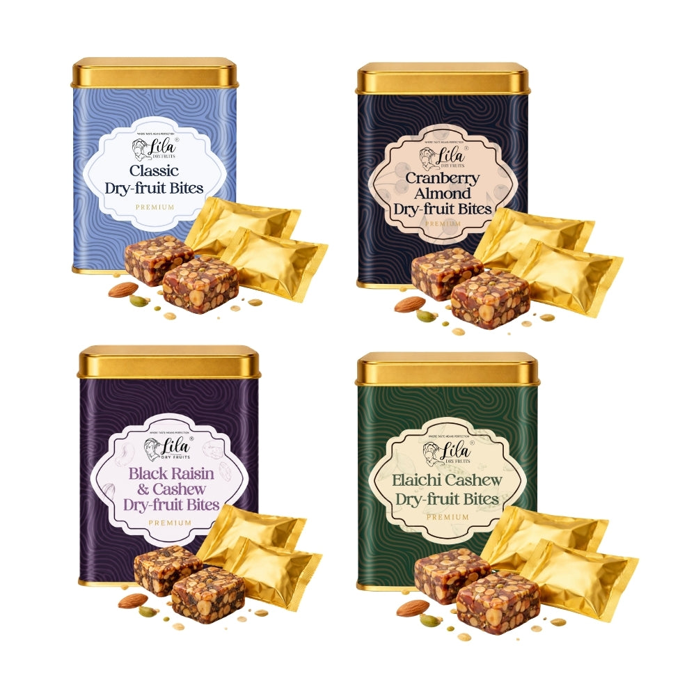 Lila Dry Fruits Date Bites Classic, Cranberry Almond, Black Raisin Cashew & Elaichi Cashew (Pack of 4)