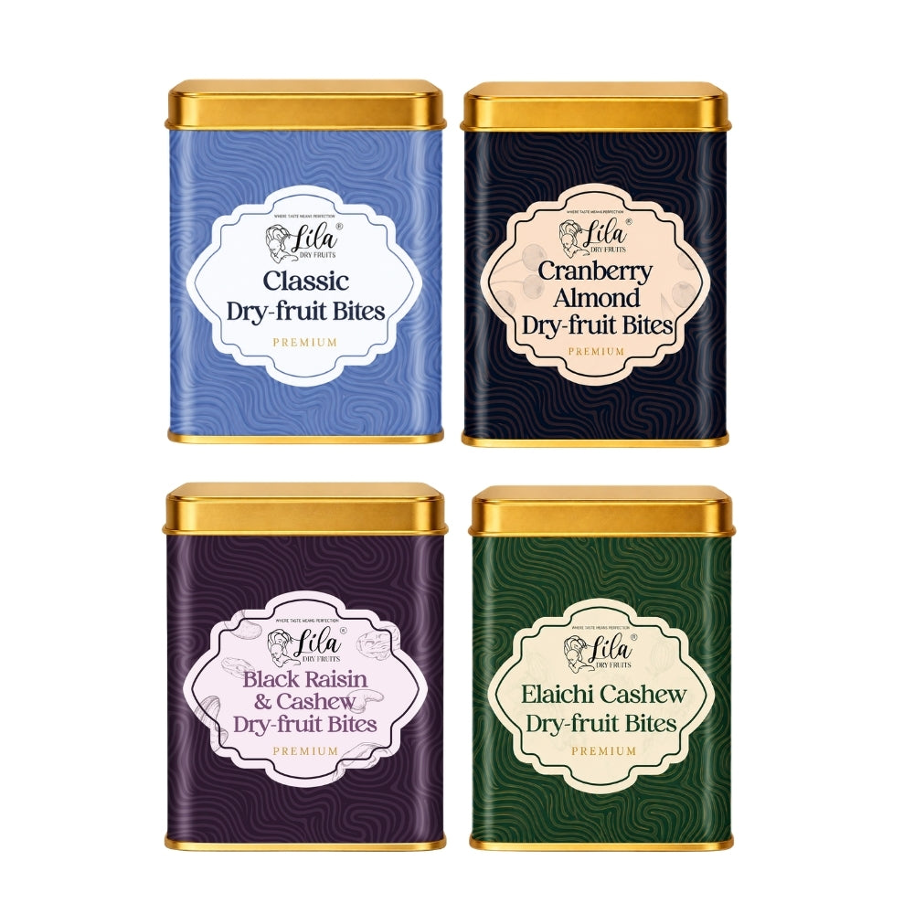 Lila Dry Fruits Date Bites Classic, Cranberry Almond, Black Raisin Cashew & Elaichi Cashew (Pack of 4)