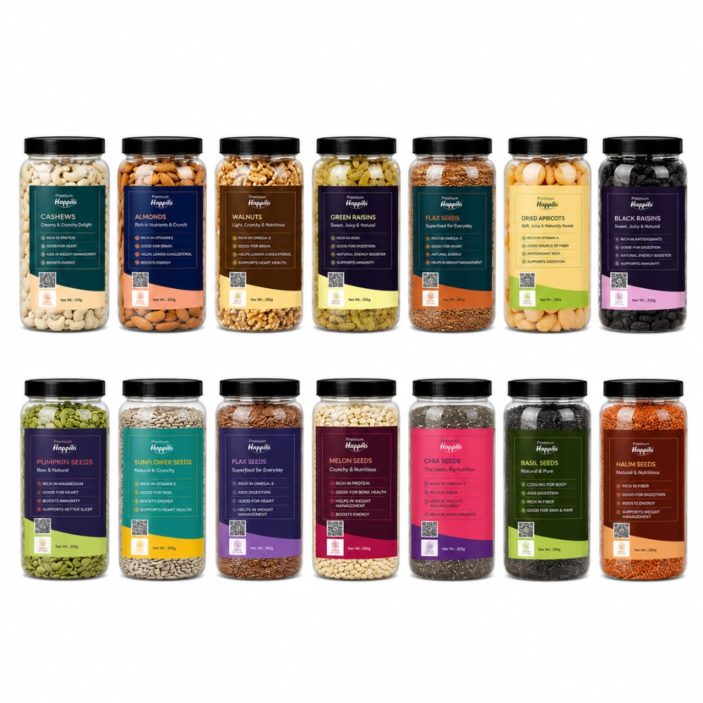 7 Seeds & 7 Dry Fruits Combo Pack (100g Each) – Cashew, Almonds, Raisins, Walnut, Anjeer, Black Raisins, Apricots, Pumpkin Seeds, Sunflower Seeds, Chia Seeds, Flax Seeds, Watermelon Seeds, Basil Seeds & Halim Seeds