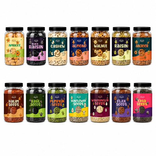 7 Seeds & 7 Dry Fruits Combo Pack (100g Each) – Cashew, Almonds, Raisins, Walnut, Anjeer, Black Raisins, Apricots, Pumpkin Seeds, Sunflower Seeds, Chia Seeds, Flax Seeds, Watermelon Seeds, Basil Seeds & Halim Seeds