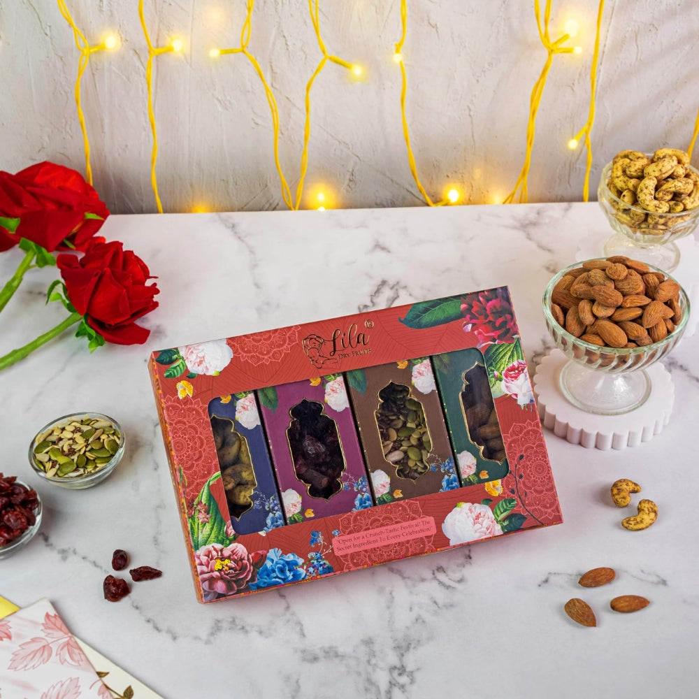 LILA DRY FRUITS Gift Hamper Roasted Cashew Almonds Seeds Mix Chatpata Cranberry | Combo Pack Premium Festive Gift with Beautiful Slider Box Perfect For Gifting