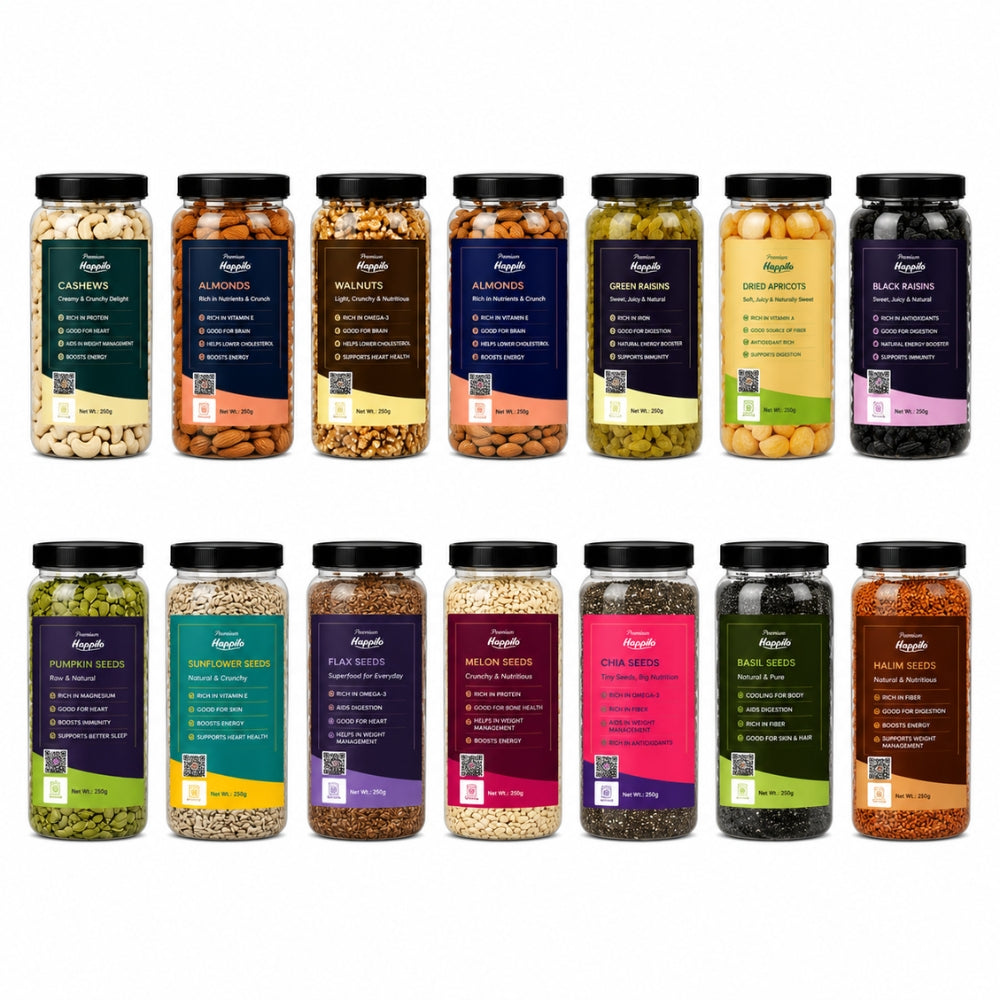 7 Seeds & 7 Dry Fruits Combo Pack (100g Each) – Cashew, Almonds, Raisins, Walnut, Anjeer, Black Raisins, Apricots, Pumpkin Seeds, Sunflower Seeds, Chia Seeds, Flax Seeds, Watermelon Seeds, Basil Seeds & Halim Seeds