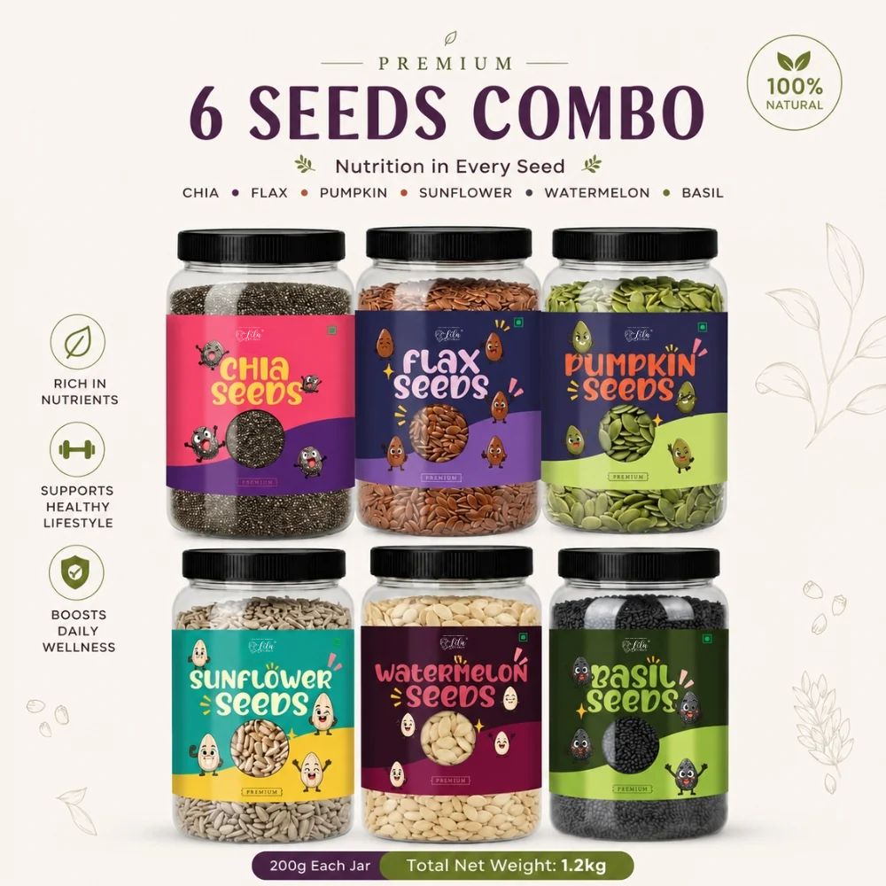 6 Premium Seeds Combo (200g Each) | Chia, Flax, Pumpkin, Sunflower, Watermelon & Basil Seeds | Total 1.2kg