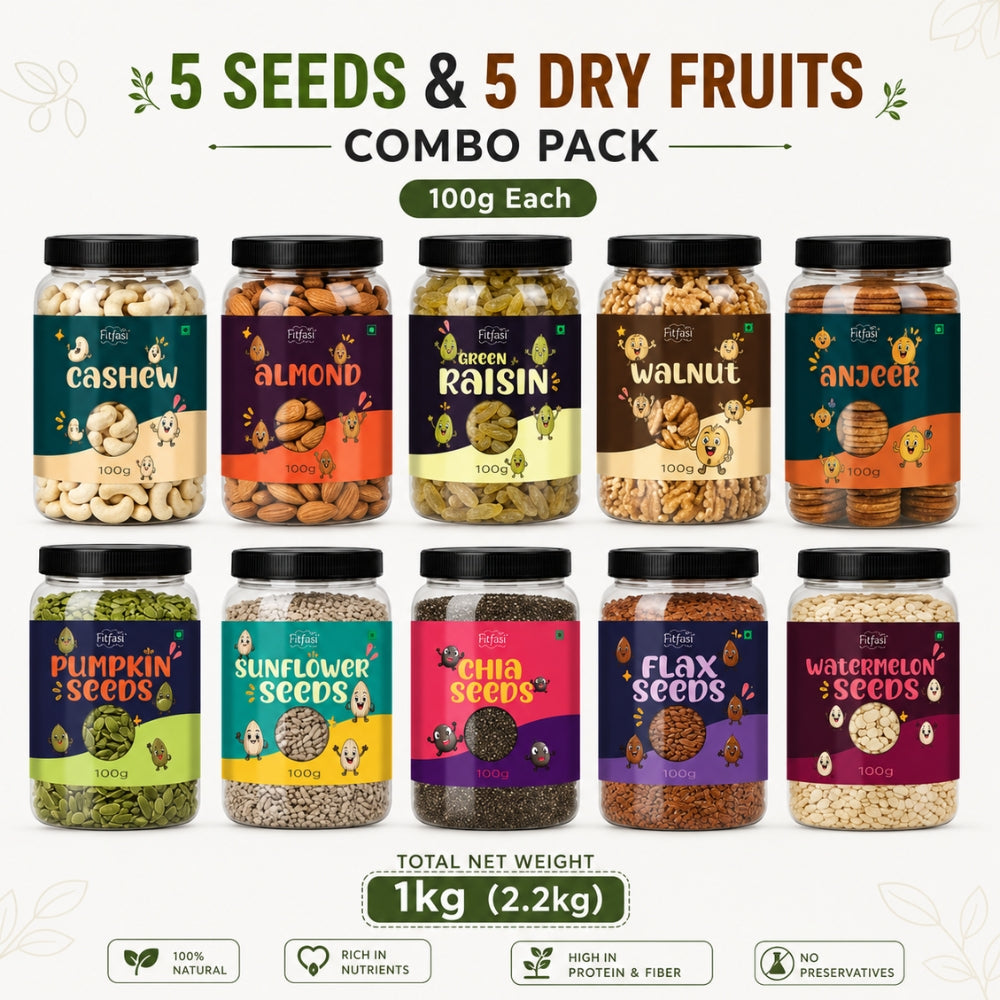 5 Seeds & 5 Dry Fruits Combo Pack – 100g Each | Cashew, Almond, Raisins, Walnut, Anjeer, Pumpkin, Sunflower, Chia, Flax & Watermelon Seeds | Healthy Superfood Mix