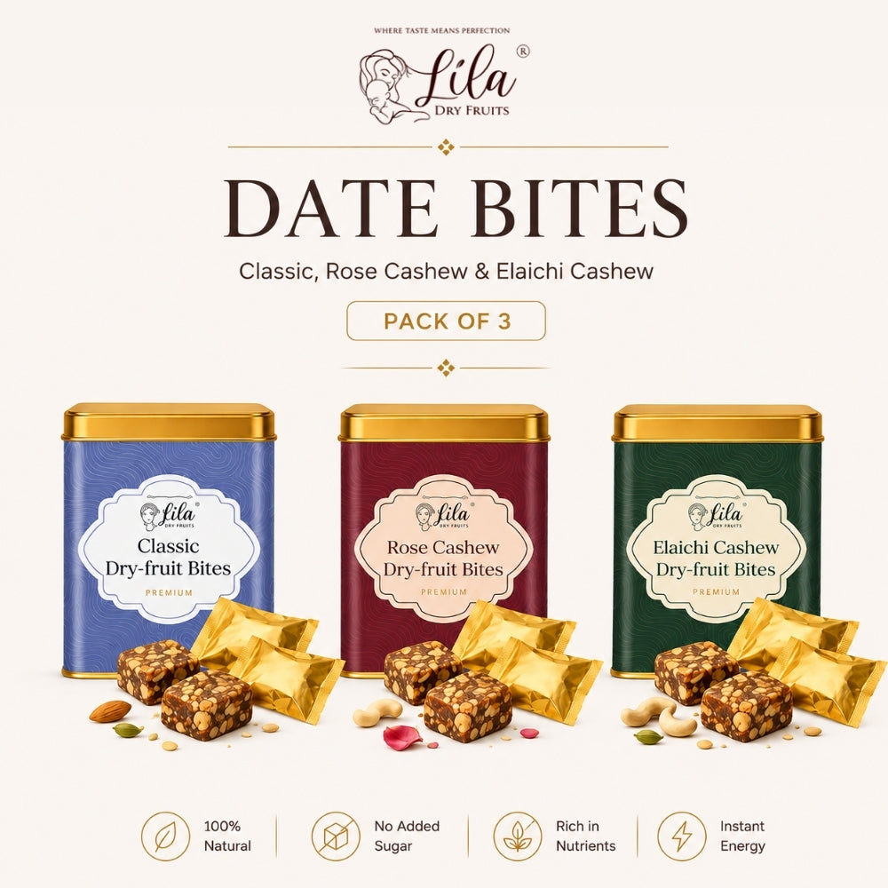 Lila Dry Fruits Date Bites Classic, Rose Cashew & Elaichi Cashew (Pack of 3)