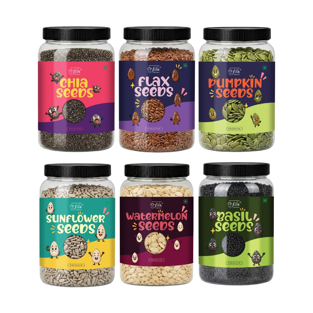 6 Premium Seeds Combo (200g Each) | Chia, Flax, Pumpkin, Sunflower, Watermelon & Basil Seeds | Total 1.2kg